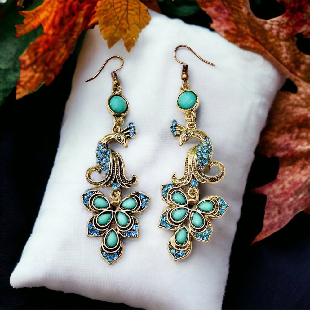 Peacock Earrings Blue And Bronze - Picture 1 of 8